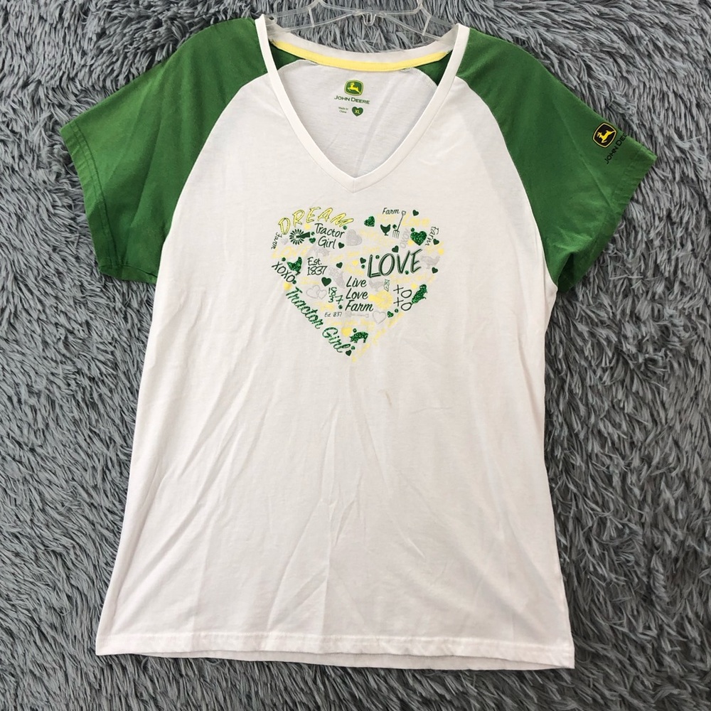 John Deere Tshirt XL Vneck Heart Love Tractor Girl Farm Spellout Green White